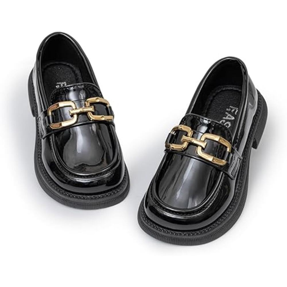 New Oamico Toddler Girls 13 Shiny Black Gold Buckle Slide On Loafer Dress Shoes
